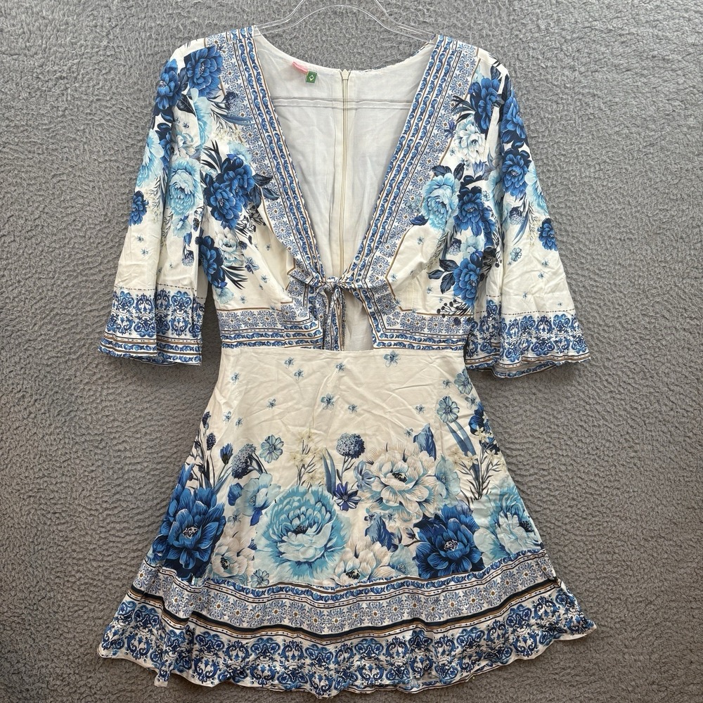 FARM Rio Dress Womens Small Cream Blue Floral Garden Bell Kimono Sleeve Mini